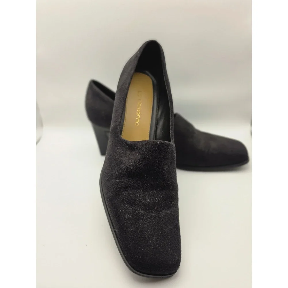 Liz Claiborne Black Suede Block Heel Pumps Square Toe Loafer Heels Womens 8M